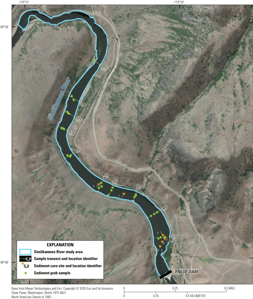 Image showing study area with sediment sample locations shown on the lower Similkameen
                        River upstream from Enloe Dam (Enloe Reservoir) near Oroville, Okanogan County, Washington.