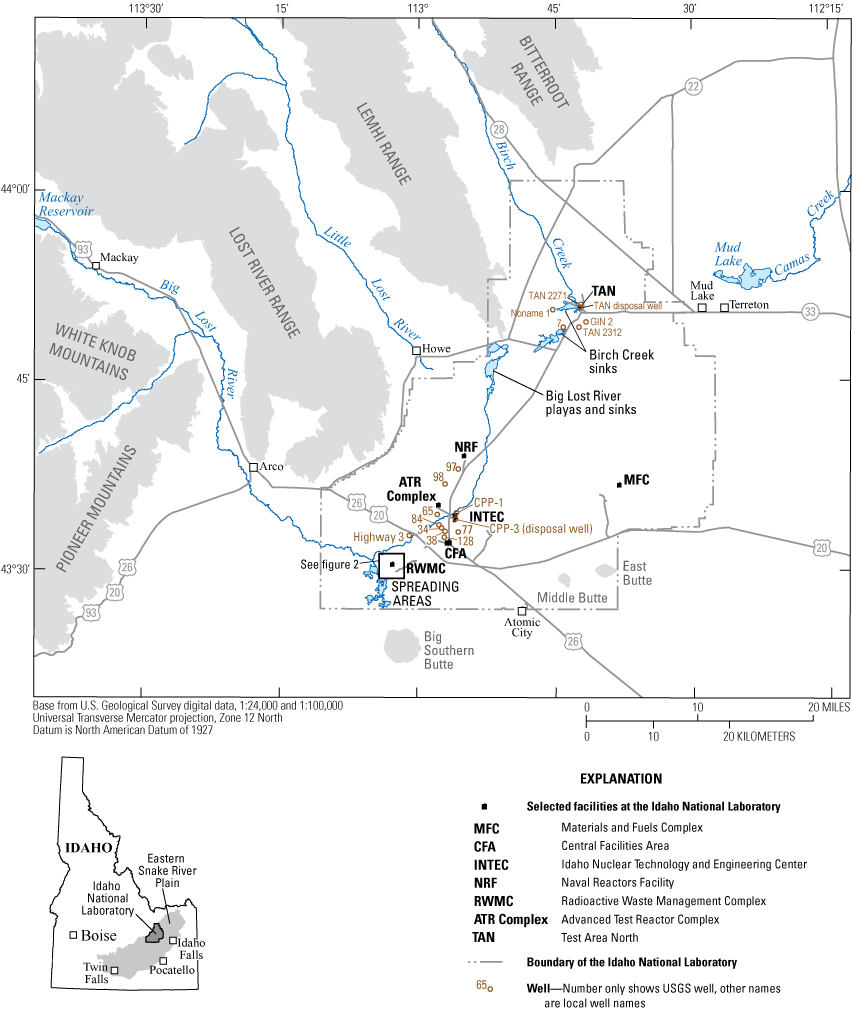Map showing the location of the Idaho National Laboratory (INL), selected facilities
                     at the INL, and locations of wells sampled for this study in 2020.