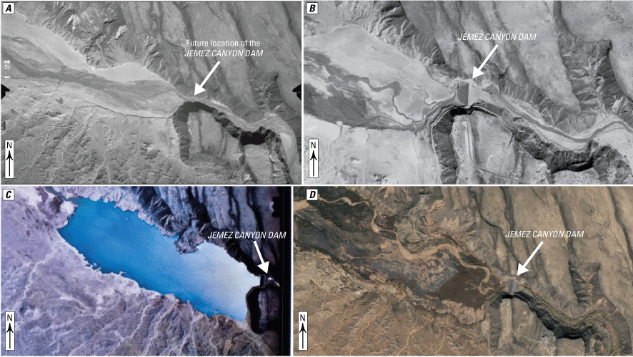 Figure 6. Aerial images of the Jemez Canyon Reservoir during 1949, 1962, 1991, and
                        2014