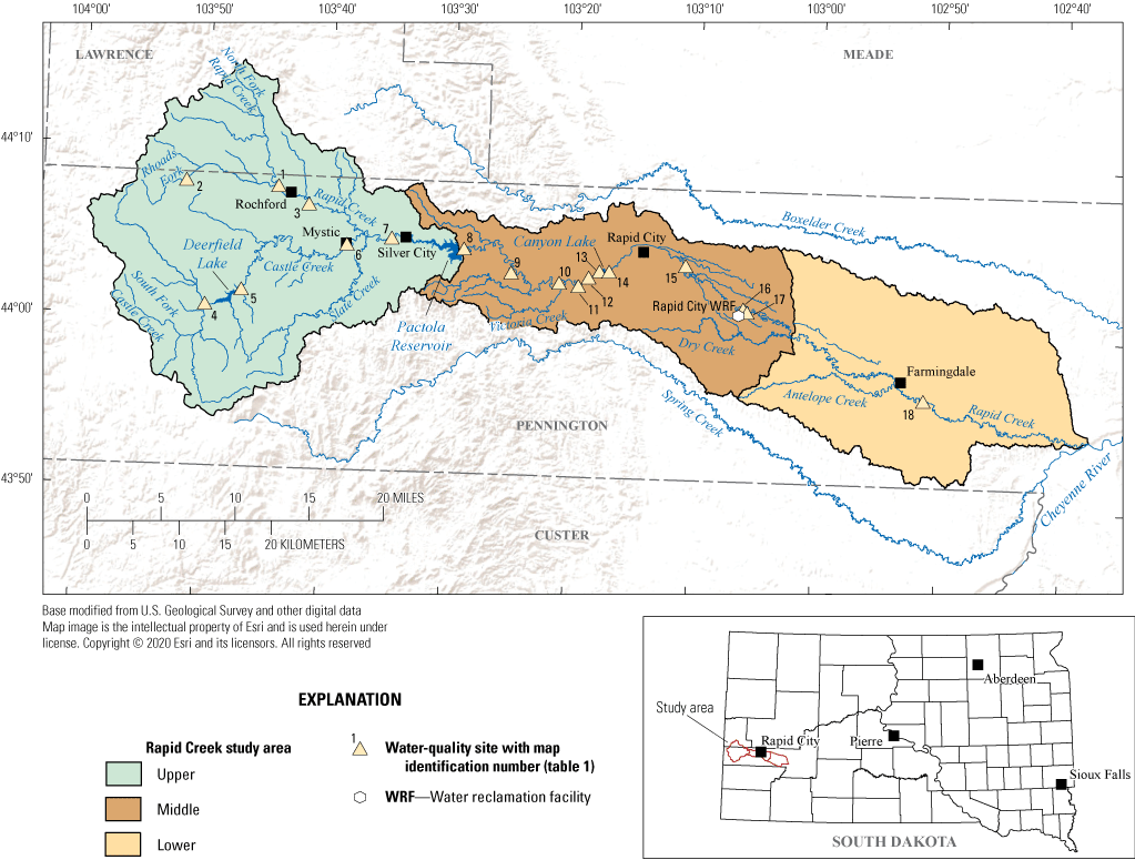Eighteen water-quality sites are shown in the upper, middle, and lower parts of the
                     Rapid Creek study area in South Dakota.