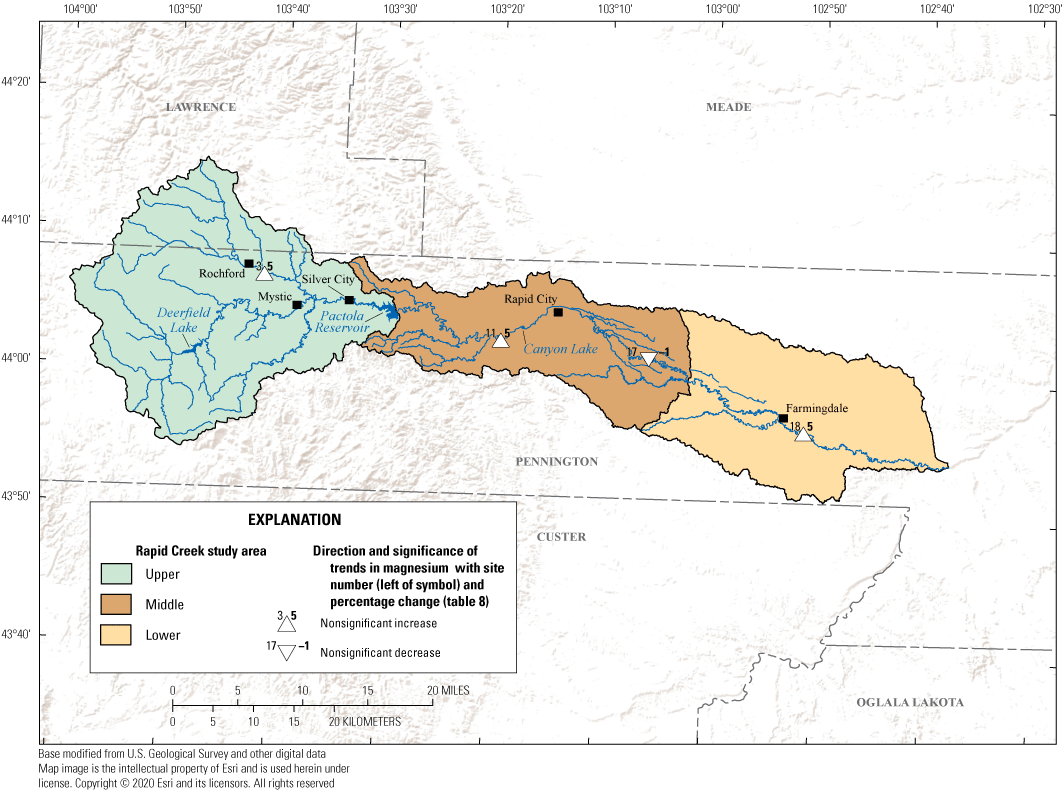 Upward and downward magnesium trends in the Rapid Creek Basin were not significant
                        during 1979–2019.
