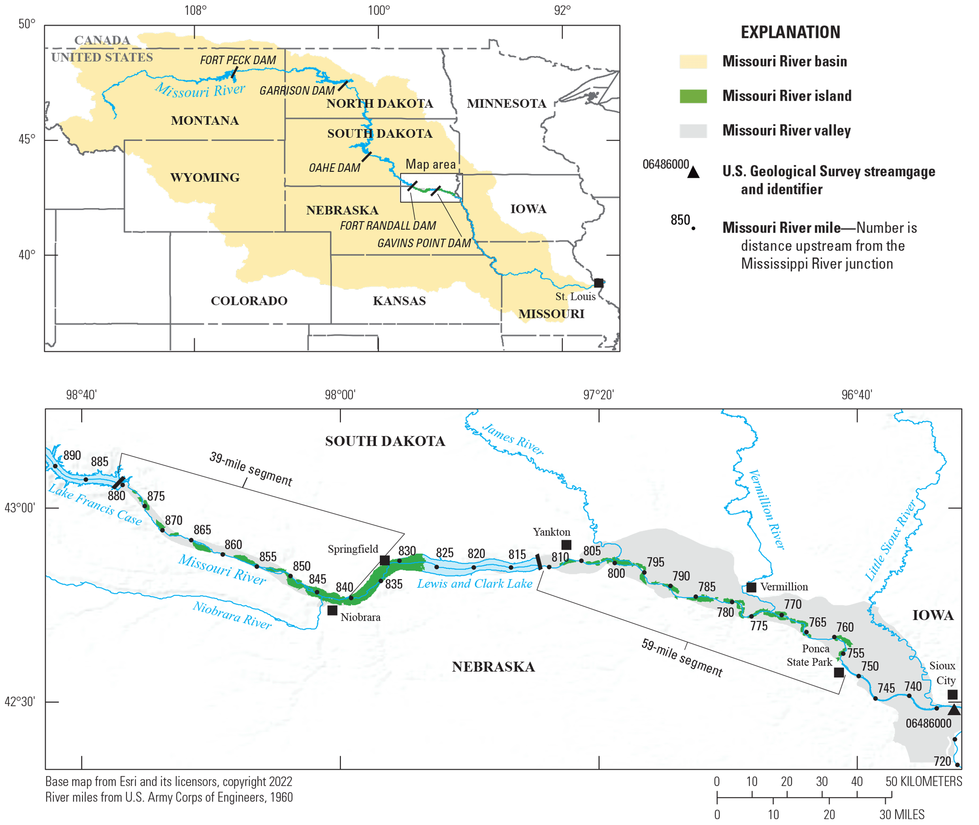 Map showing river with symbols for streamgages and river miles within Missouri River
                        basin