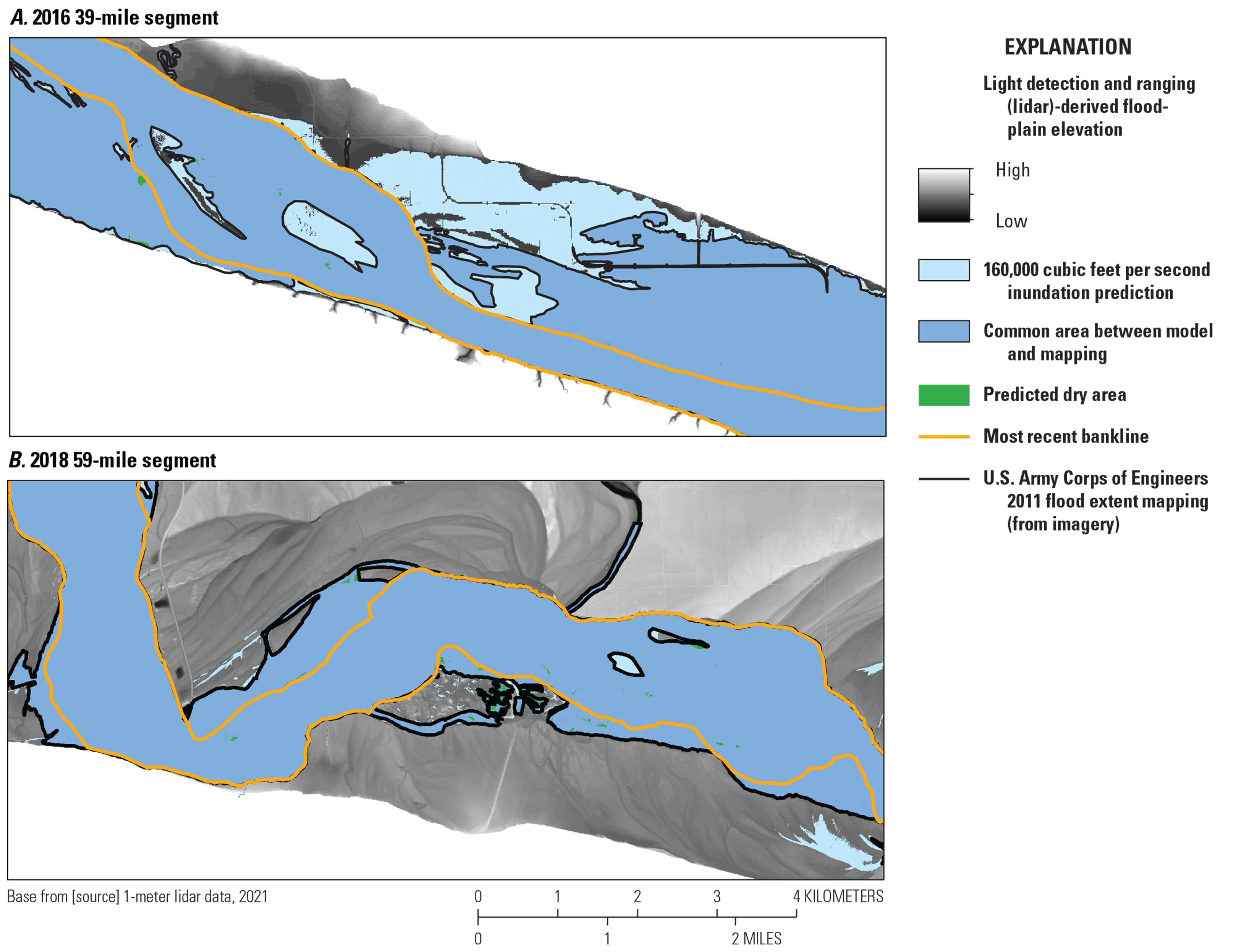 Two maps showing elevation, predicted inundation and dry area, bankline, flood extent