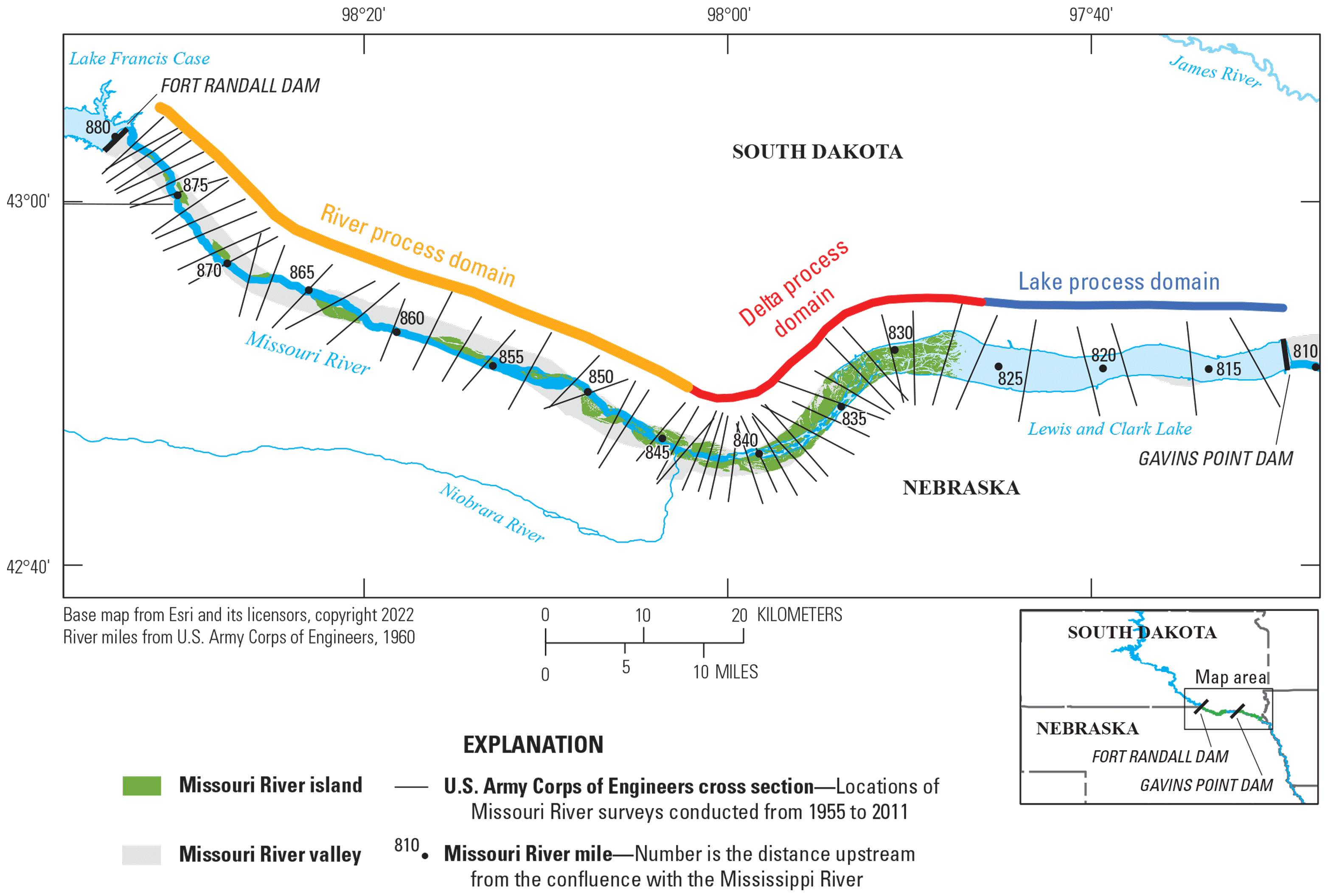 Map showing location of USACE cross sections with symbols for river miles