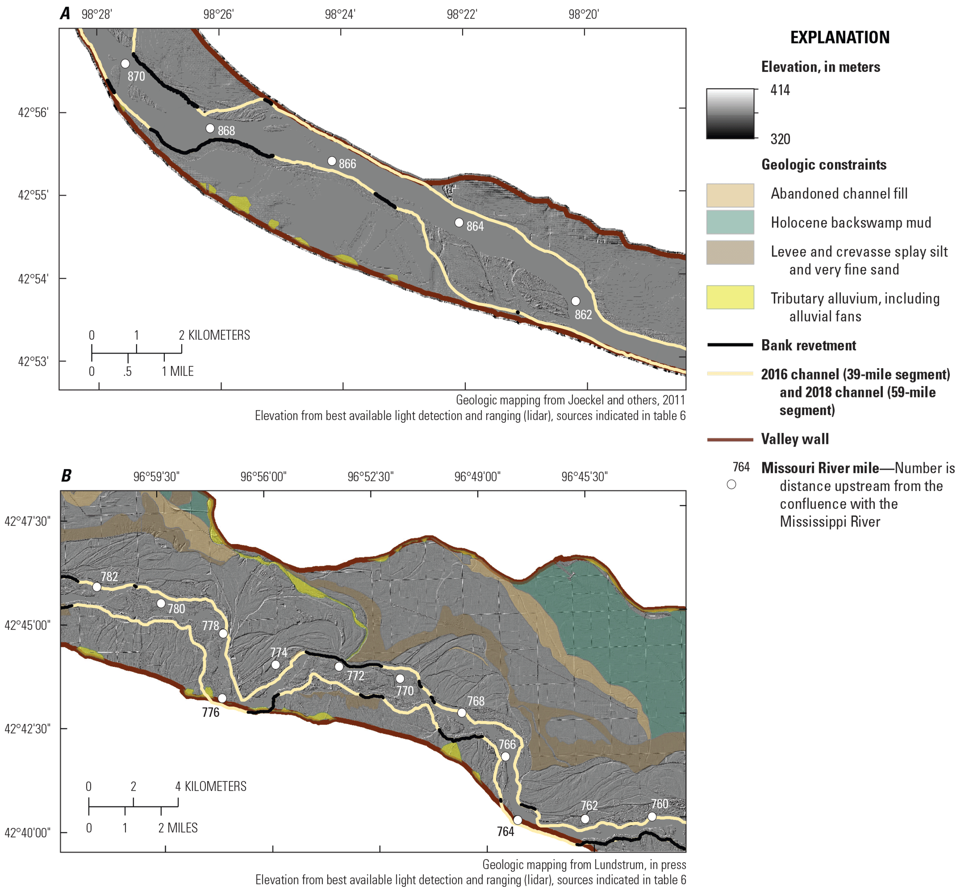 Two maps showing elevation and geologic constraints, with lines for bank revetment
                        2016, 2018 channels, symbols for river mile