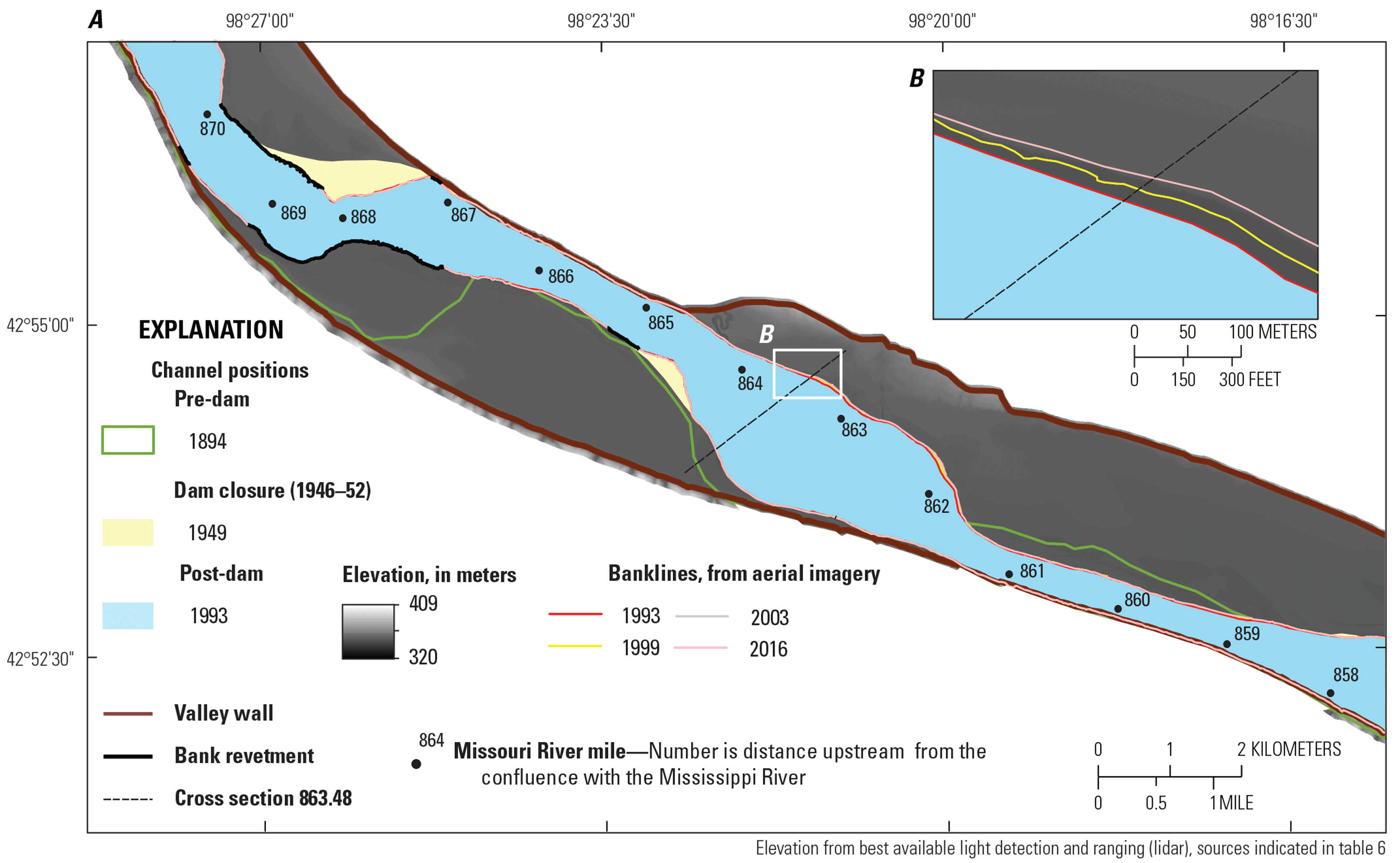 Map showing channel positions pre- and post-dam, during dam closure, with elevation
                        and lines for banklines