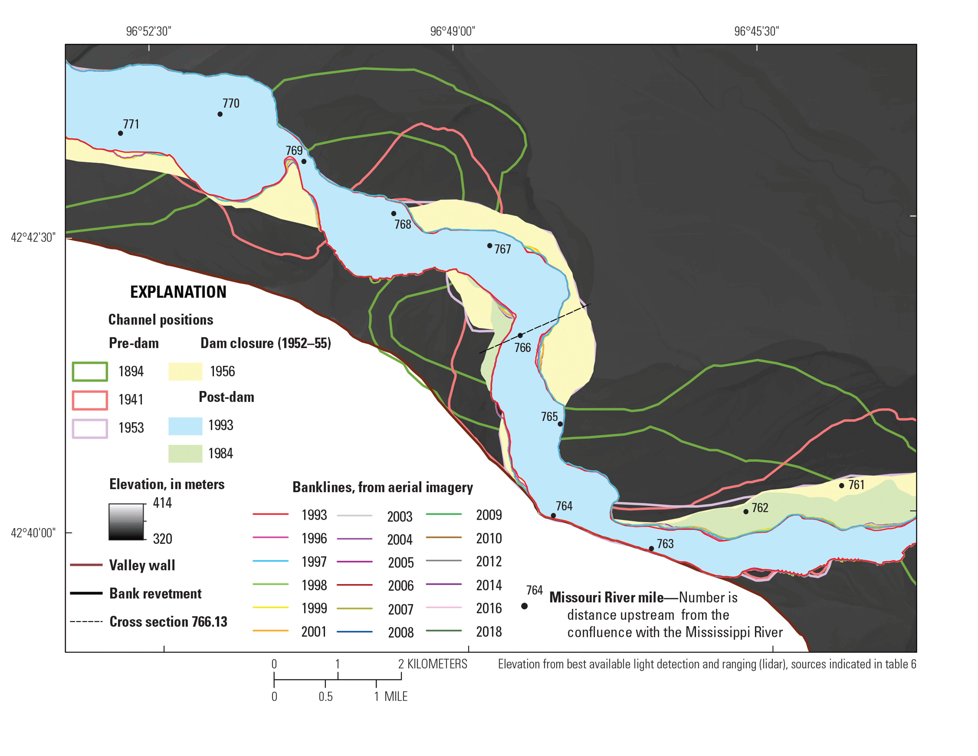 Map showing channel positions pre- and post-dam, during dam closure, with elevation
                        and lines for banklines