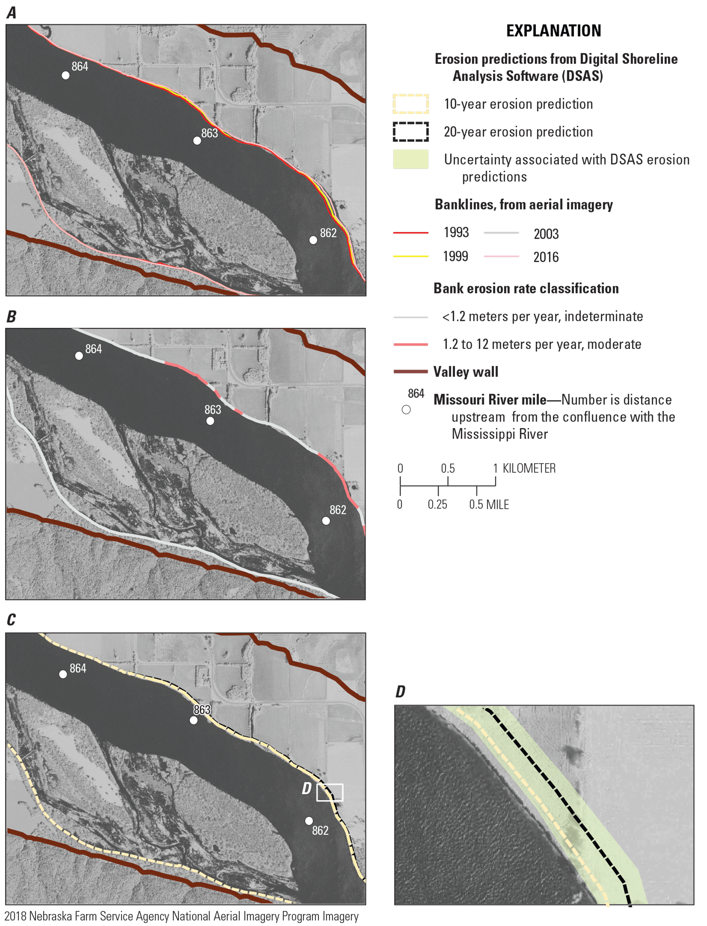 Four maps showing 10- and 20-year erosion prediction, with lines banklines and symbols
                           for river miles