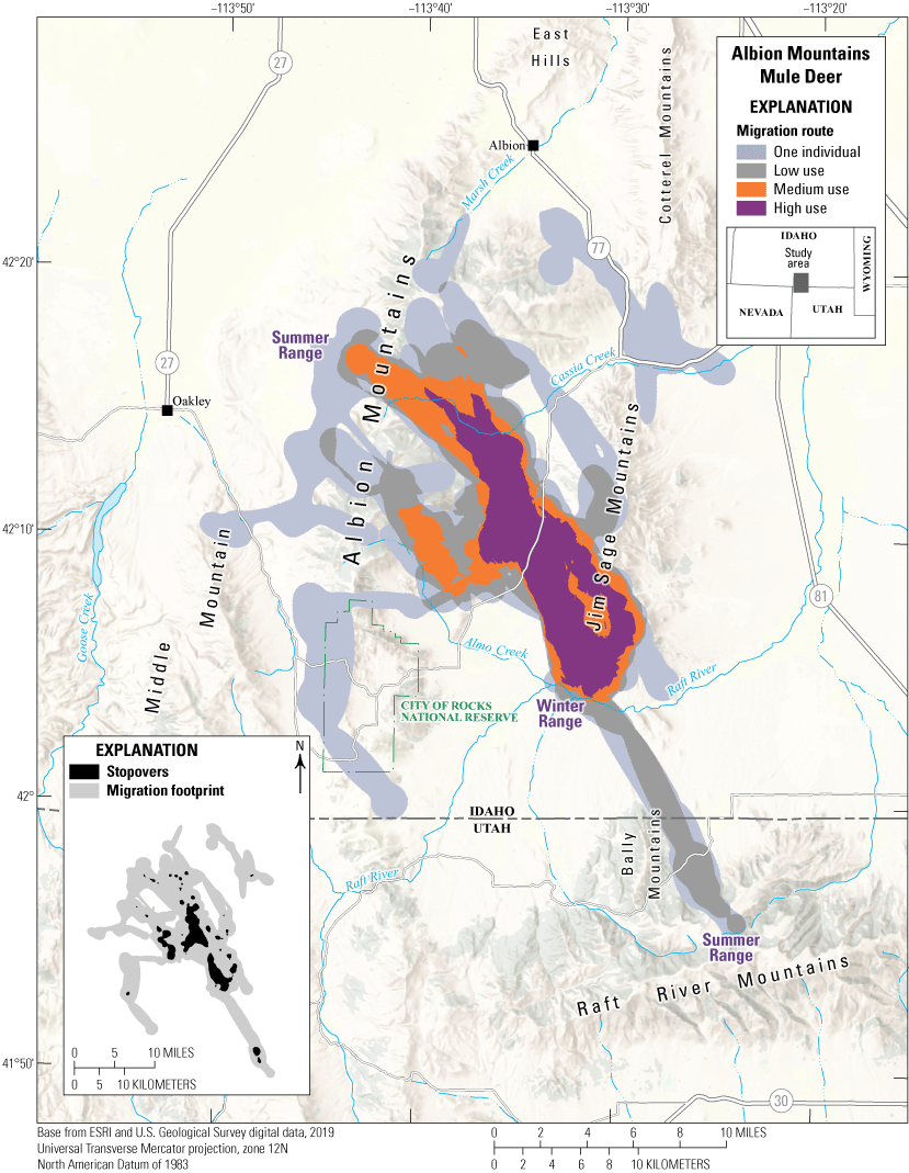 Figure 16. Migration routes and stopovers of the Albion Mountains mule deer herd.