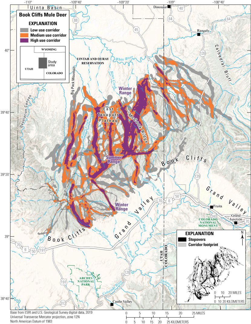 Figure 25. Migration corridors and stopovers of the Book Cliffs mule deer herd.
