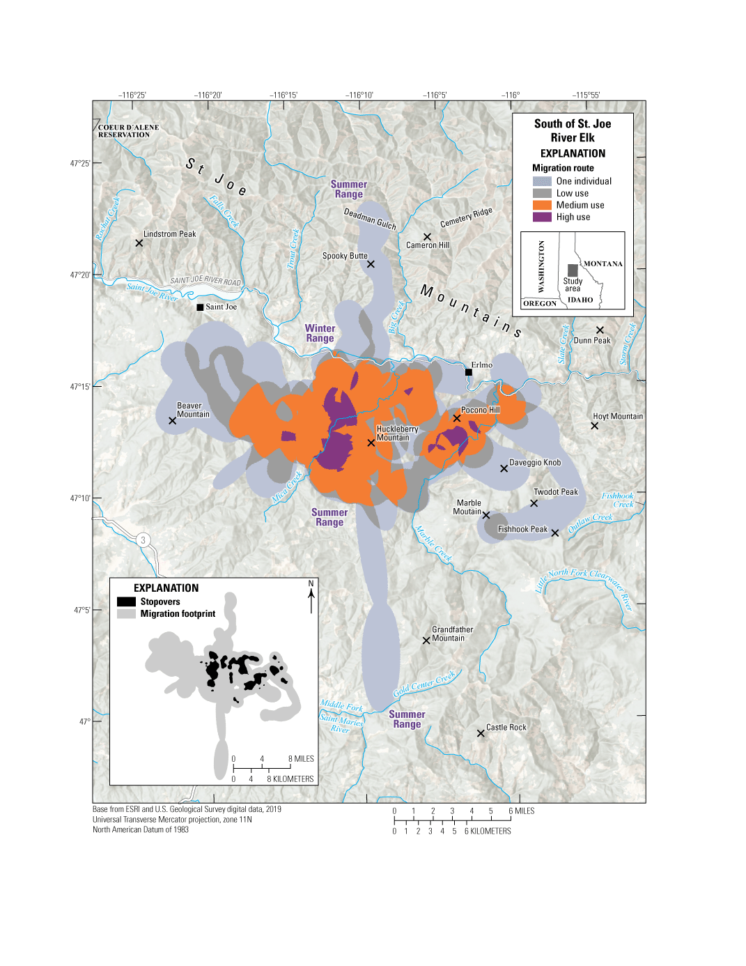 Figure 44. Migration routes and stopovers of the South of Saint Joe River elk herd.