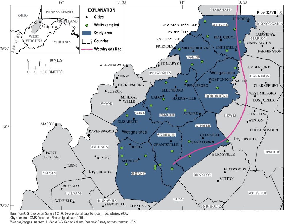 Location of the study area and wells sampled for study in northwestern West Virginia.