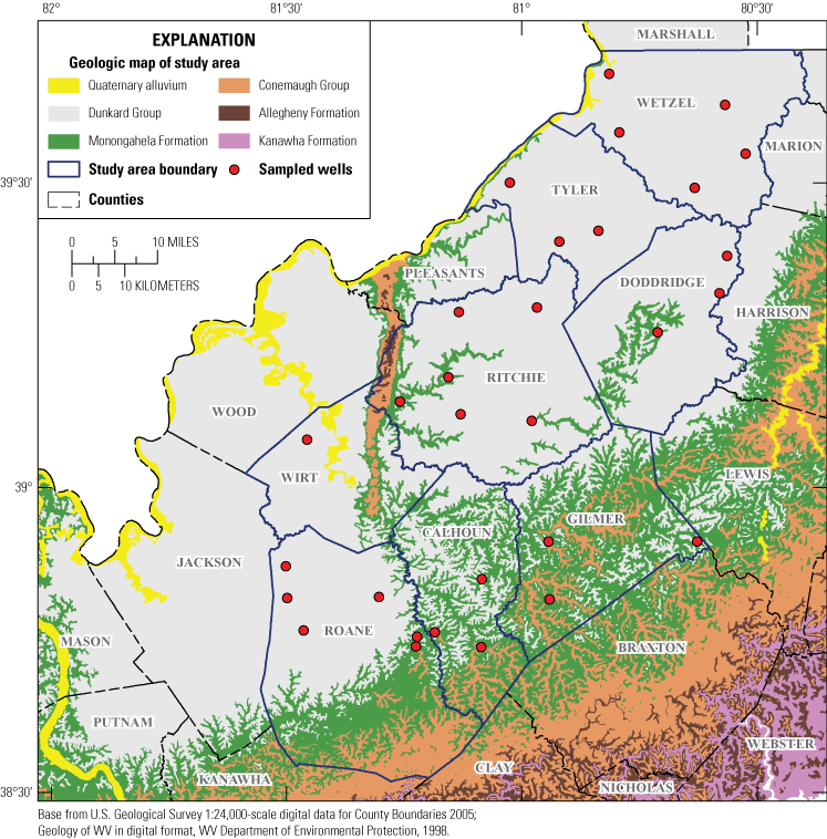 Geology of the study area and wells sampled for study in northwestern West Virginia.