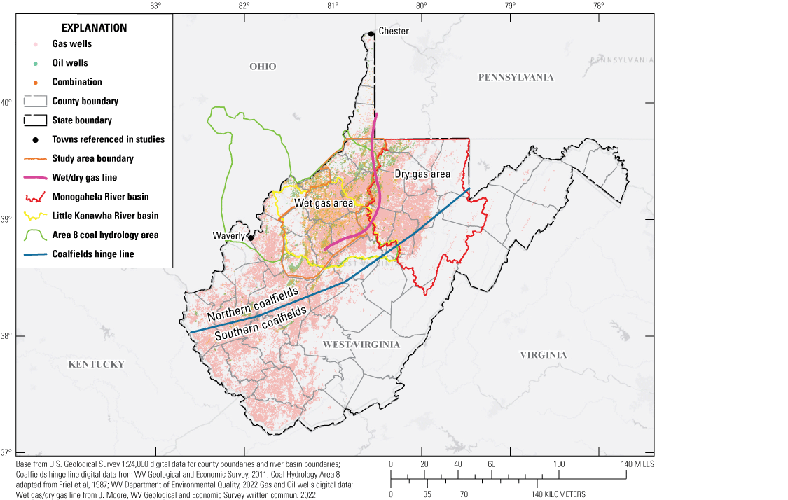 Map showing oil and gas wells in West Virginia and the wet and dry gas dominated parts
                           of the Marcellus Shale oil and gas play in northwestern West Virginia.