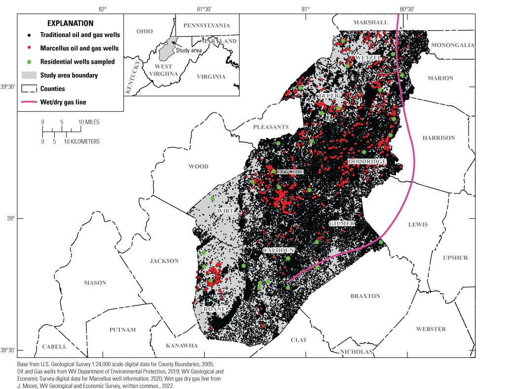 Distribution of oil and gas wells and residential wells sampled for study in northwestern
                           West Virginia.