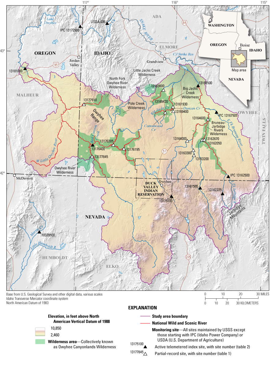 Map showing study area extent and location of streamgages in the Owyhee Canyonlands
                     Wilderness, southwestern Idaho.