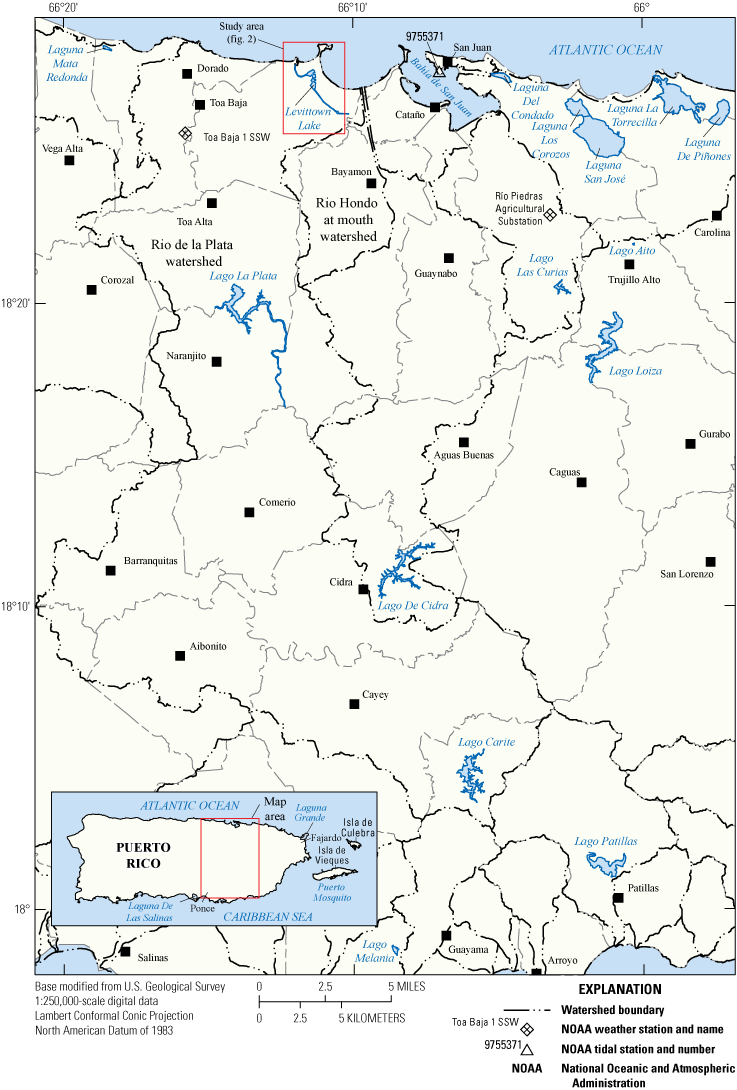 Map showing study area, Río de la Plata watershed boundary, and NOAA weather and tidal
                     stations