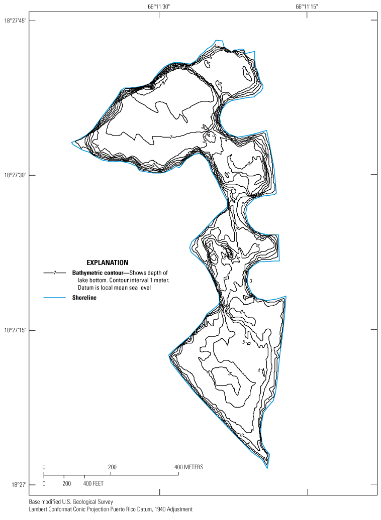 Map showing bathymetry of the main waterbody of Levittown Lake and the lake shoreline.
