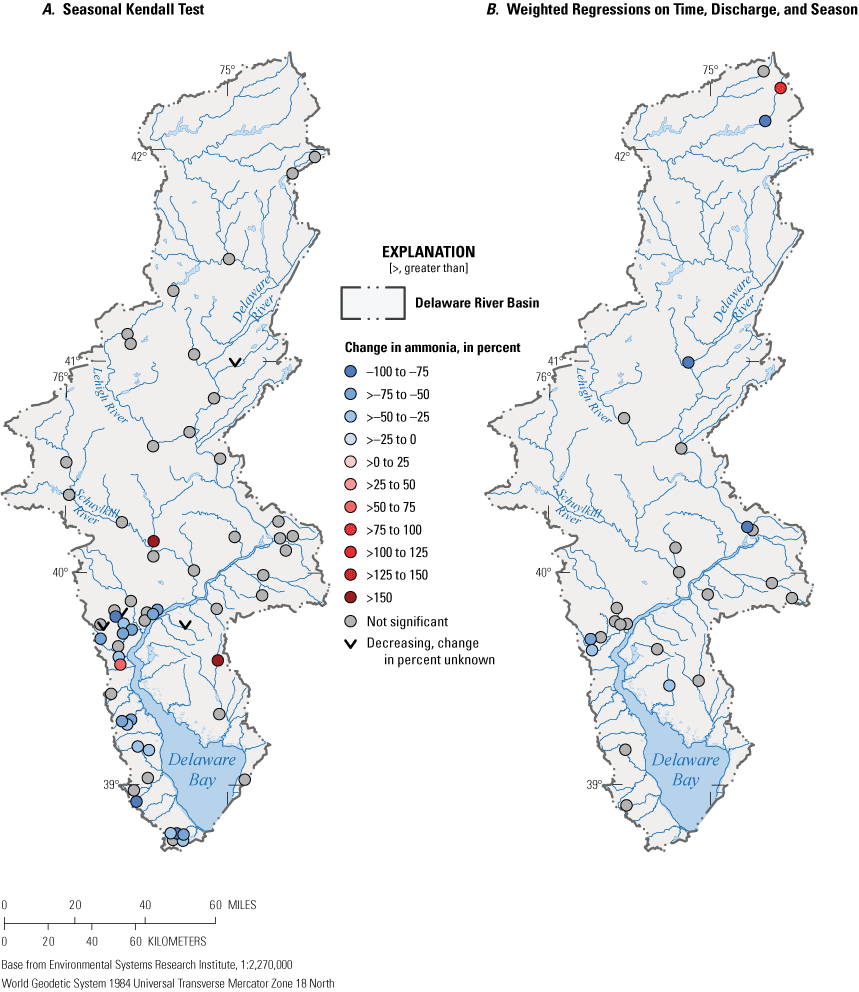 Figure 1.5	Sites with significant downward trends in ammonia were clustered in the
                     southern part of the basin.