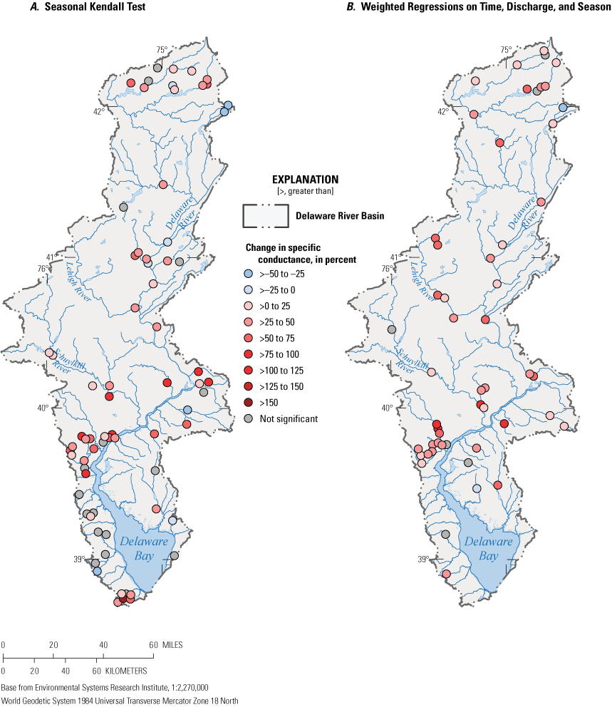 Figure 1.13	Sites with increasing trends in specific conductance were located throughout
                     the basin.