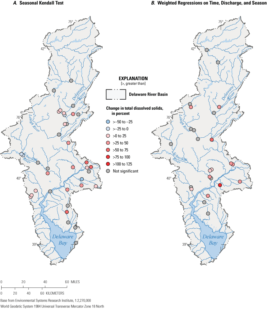 Figure 1.16	There was no spatial or weak pattern in the geographic locations of sites
                     with total dissolved solids trends.