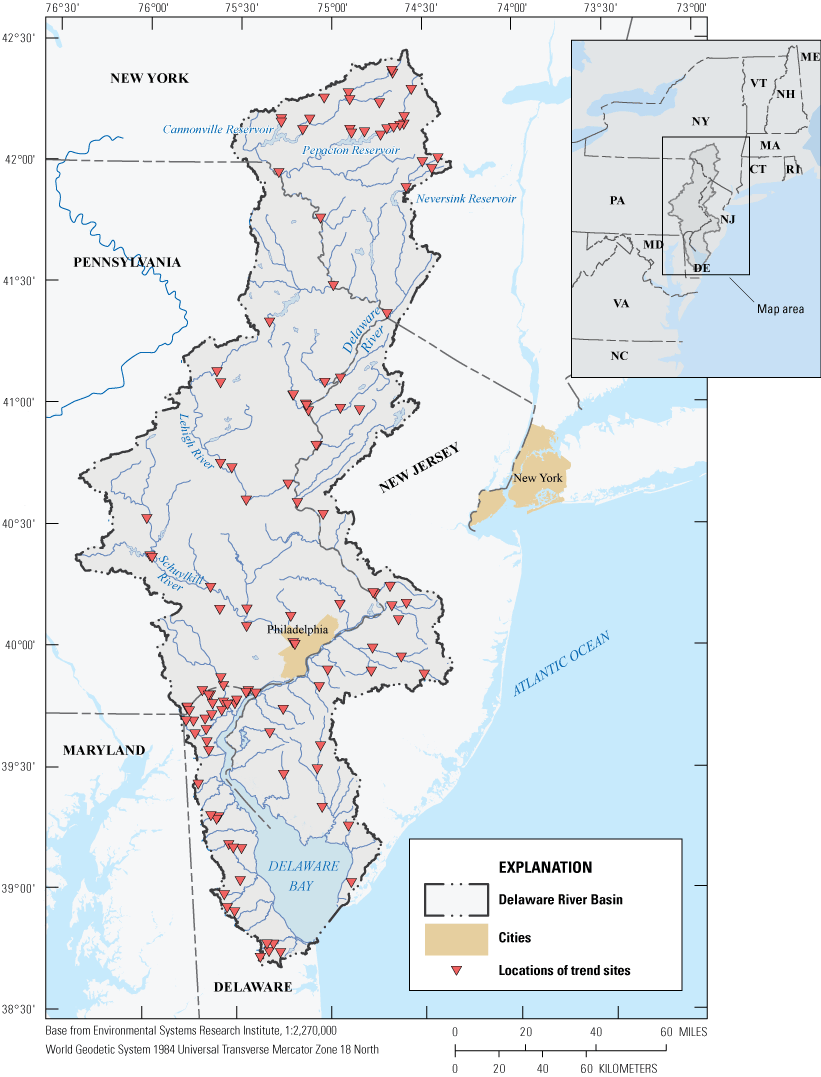 Figure 4.	Locations of 124 trend sites with at least one constituent in the Delaware
                        River Basin shown as red triangles.