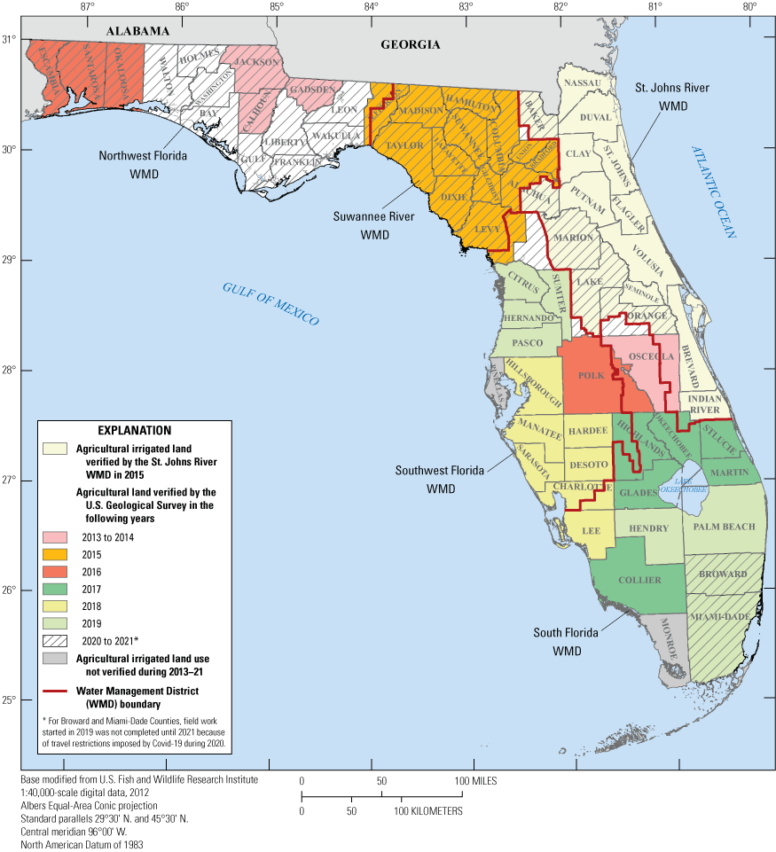 Figure 2. Map showing water management districts and counties in Florida where irrigated
                        agricultural land was verified, 2013–21.