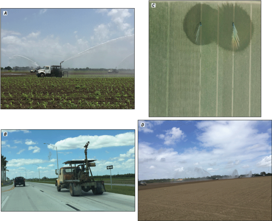 Figure 3. Photographs showing portable high-volume irrigation guns in use in Miami-Dade
                        County, Florida; portable high-volume irrigation gun in transit in Miami-Dade County;
                        aerial view of portable high-volume irrigation guns in Miami-Dade County, Florida;
                        and street view of portable high-volume irrigation guns wetting a recently planted
                        field. 