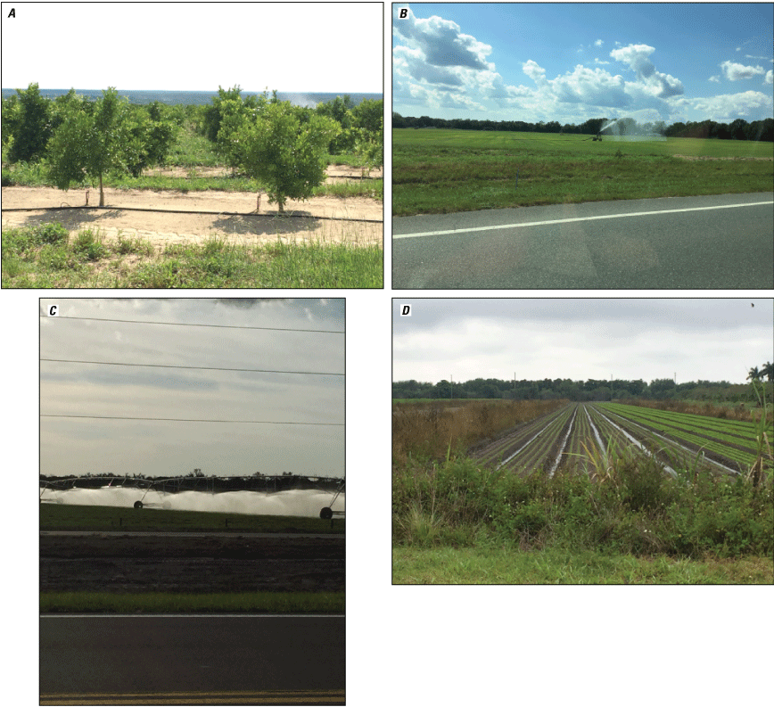 Figure 6. Photographs showing irrigation systems observed in Florida between 2013
                        and 2021: drip irrigation in Polk County, Florida; traveling gun irrigation in Palm
                        Beach County, Florida; center pivot irrigation in Hardee County; and subsurface flood
                        irrigation in Palm Beach County, Florida