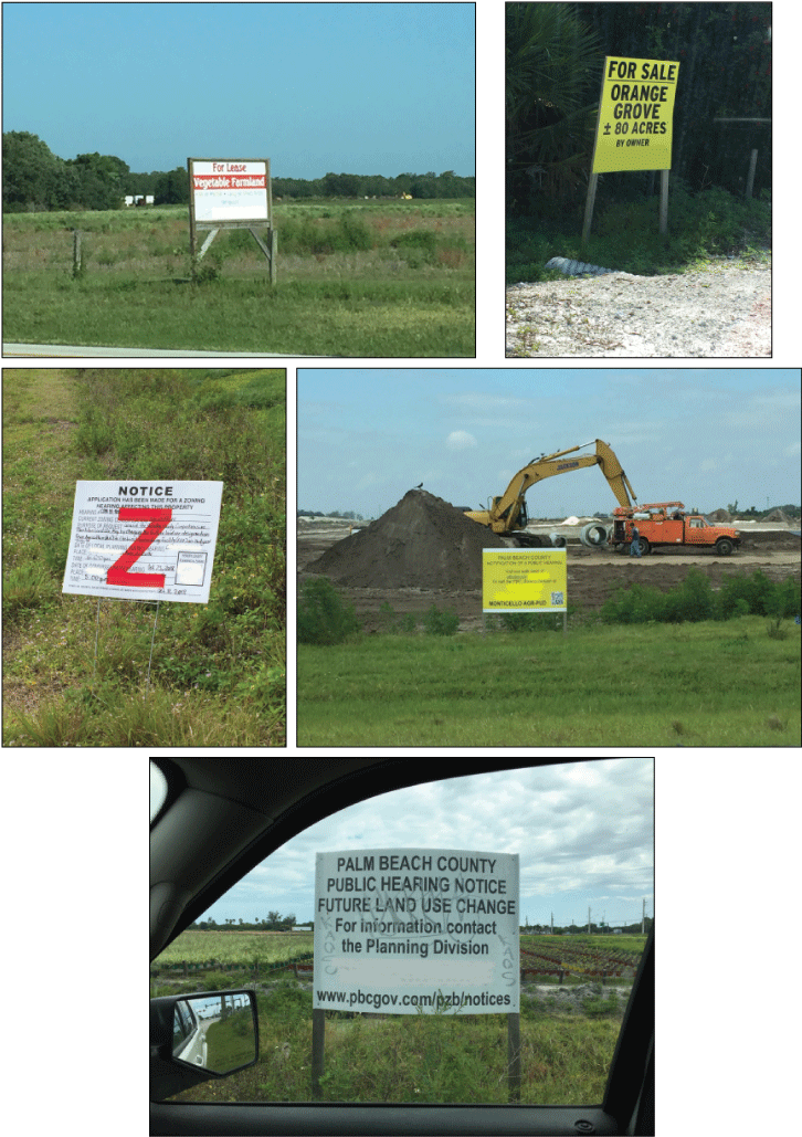 Figure 9. Photographs showing agricultural irrigated fields in the process of changing
                        ownership or land-use status observed in Florida between 2013 and 2021. 