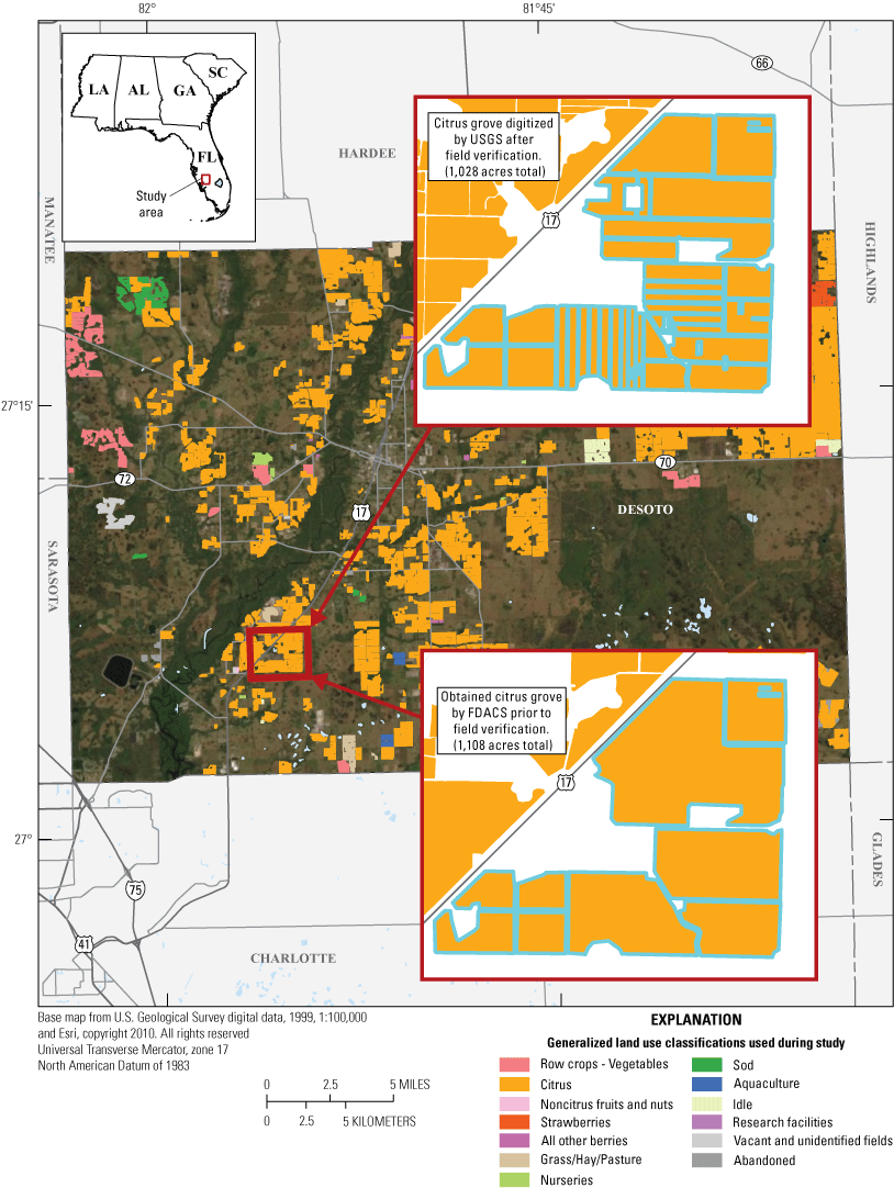 Figure 11. Example of detailed digitizing of a selected citrus grove in DeSoto County,
                        Florida, during 2018.