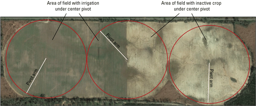 Figure 12.  Aerial photograph showing active and inactive fields during January 2019
                        under three center pivots on a farm in Jackson County, Florida