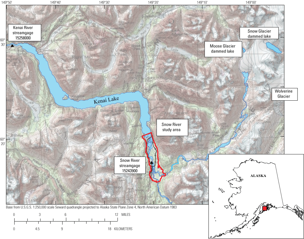 Map showing Snow River from Snow Glacier to Kenai Lake and relevant streamgages near
                     Seward, Alaska.