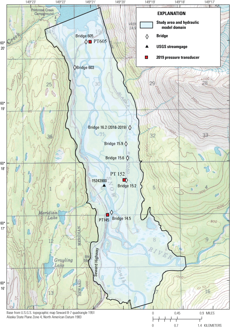 Map showing lower Snow River including extent of model domain, highway, and rail infrastructure
                     near Seward, Alaska.