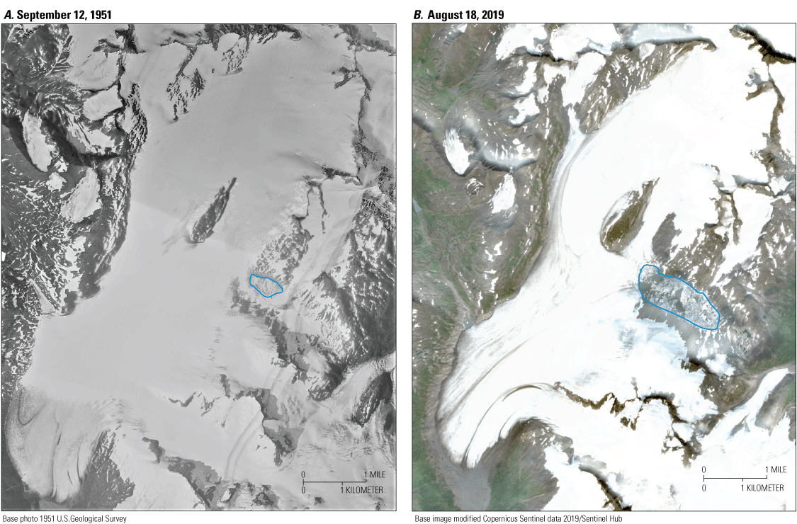 Aerial images showing comparison of Snow Glacier in 1951 and 2019, prior to floods
                     in both years, near Seward, Alaska.