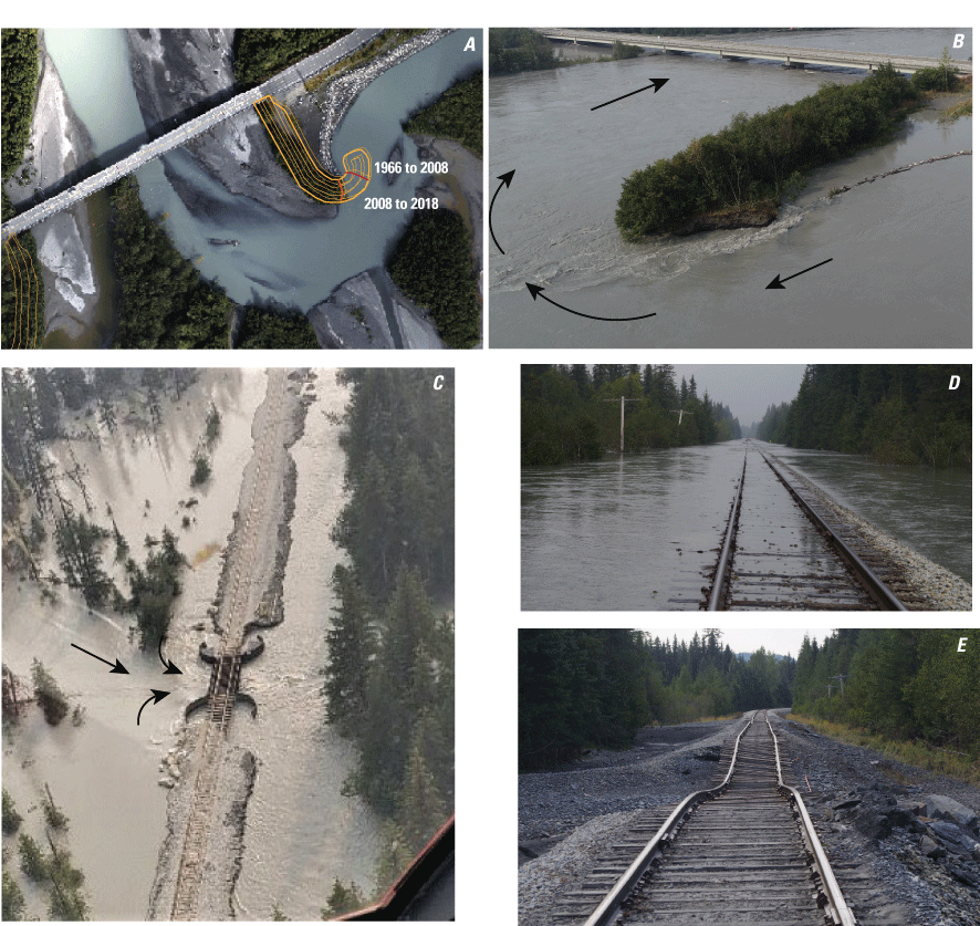 Aerial images and photographs showing damage from outburst floods on the Snow River
                        near Seward, Alaska