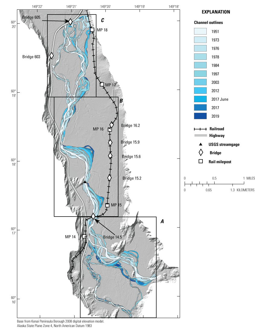 Graphs showing historical main channel locations and analysis reaches overlaid on
                     hillshade of 2008 lidar, near Seward, Alaska.