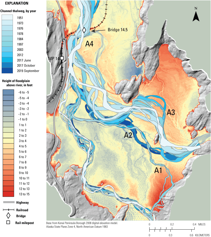 Map showing analysis of reach A with historical channel locations overlaid on a Height
                        Above River raster, near Seward, Alaska.