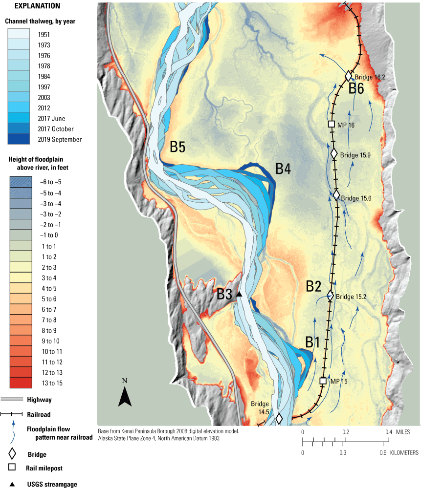 Map showing analysis of reach B with historical channel locations overlaid on a Height
                        Above River raster, near Seward, Alaska.