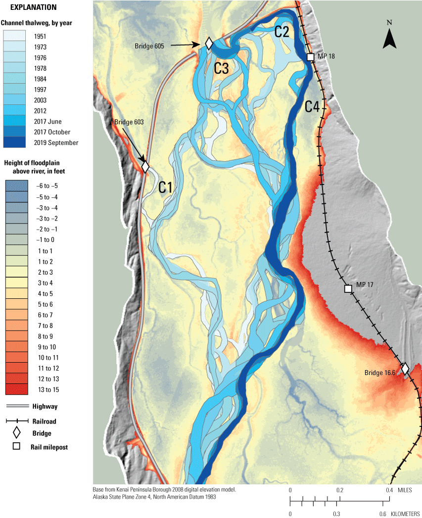 Map showing analysis of reach C with historical channel locations overlaid on a Height
                        Above River raster, near Seward, Alaska.