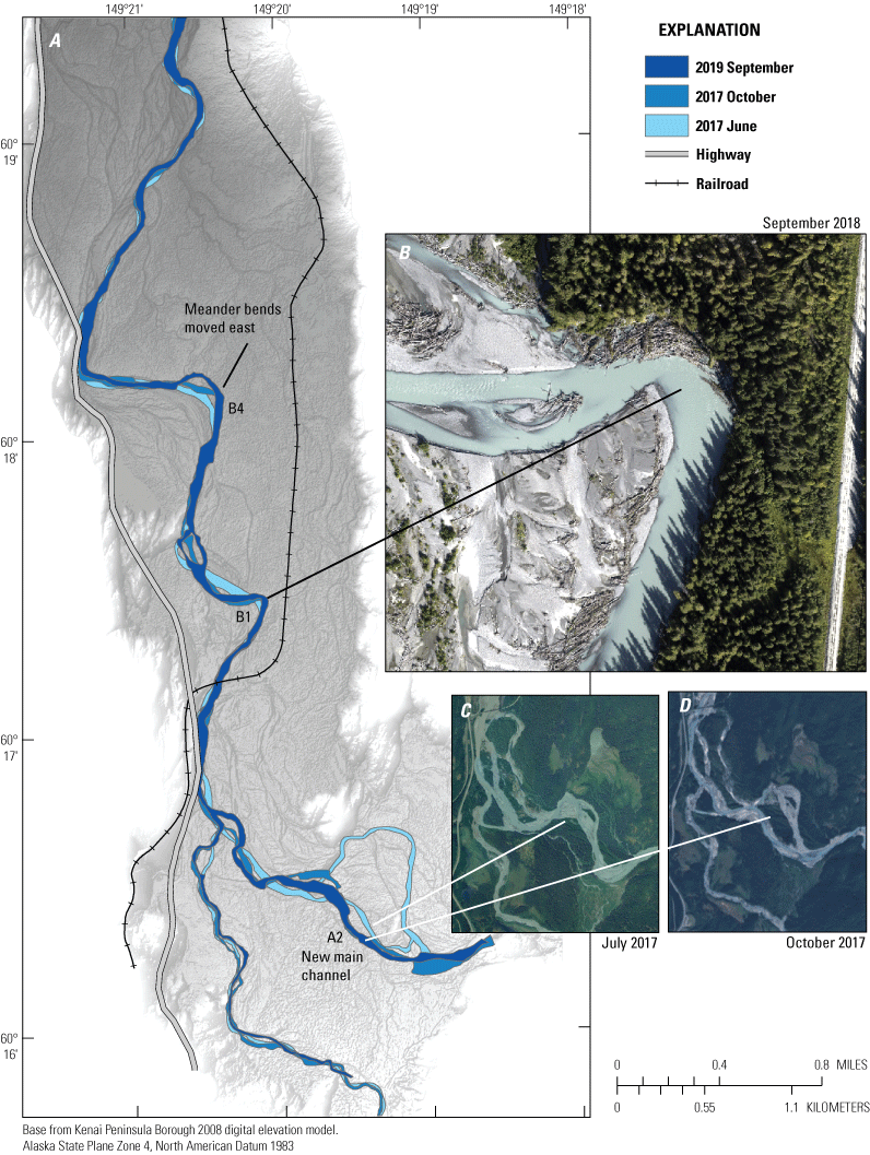 Channel thalwegs from June of 2017, October of 2017, and September of 2019 are overlaid
                        on a DEM to show areas where the stream channel changed during the 2017 and 2019 floods,
                        near Seward, Alaska. Aerial photo of meander bend B1 with freshly eroded debris (Kinzel
                        and Legleiter, 2021). Satellite imagery of A2 prior to avulsion (Copernicus Sentinel
                        data 2017, processed by ESA). Satellite image after avulsion at A2 (Copernicus Sentinel
                        data 2017, processed by ESA).