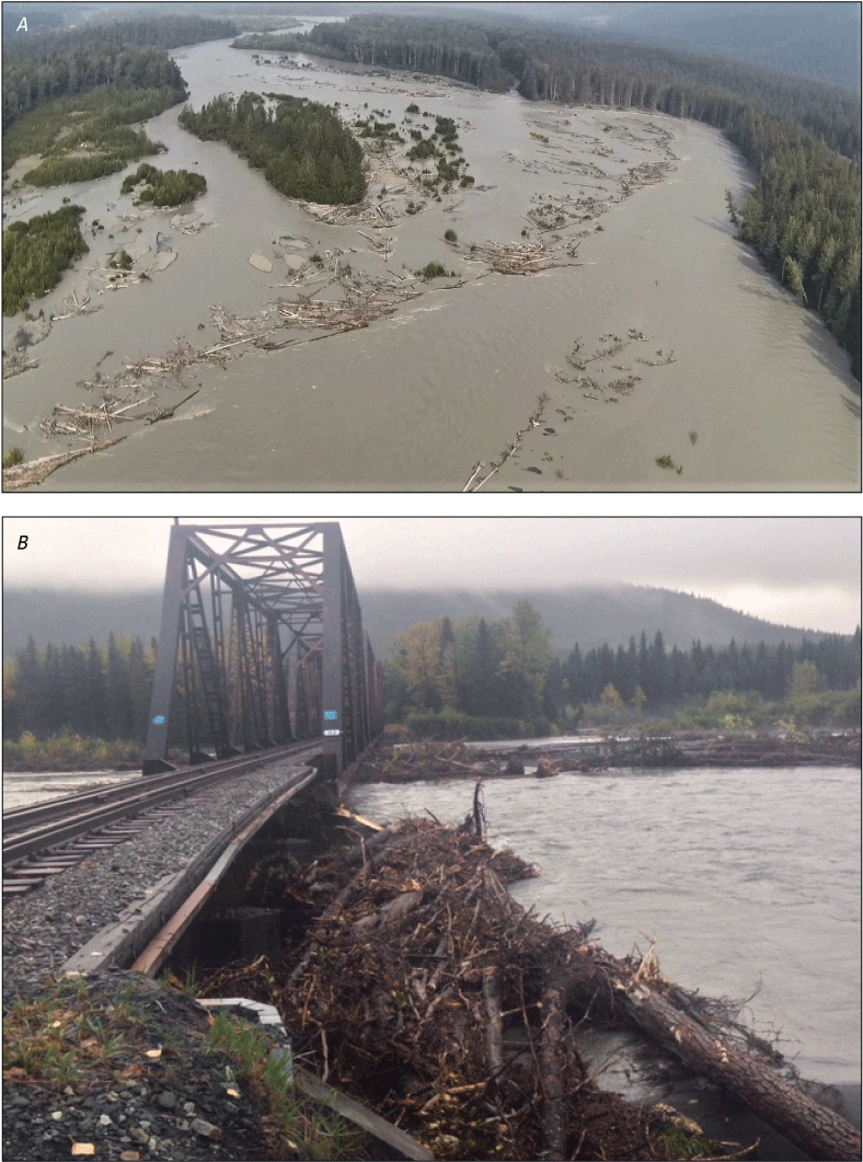 Photographs showing debris at meander bend at B1 during 2019 outburst flood and surrounding
                           inundated gravel bars with debris from 2017 on them (Alaska Railroad photo, August
                           23, 2019) and debris caught on the railroad Bridge 14.5 after the 2017 flood (Alaska
                           Railroad photo, October 4, 2017), near Seward, Alaska.