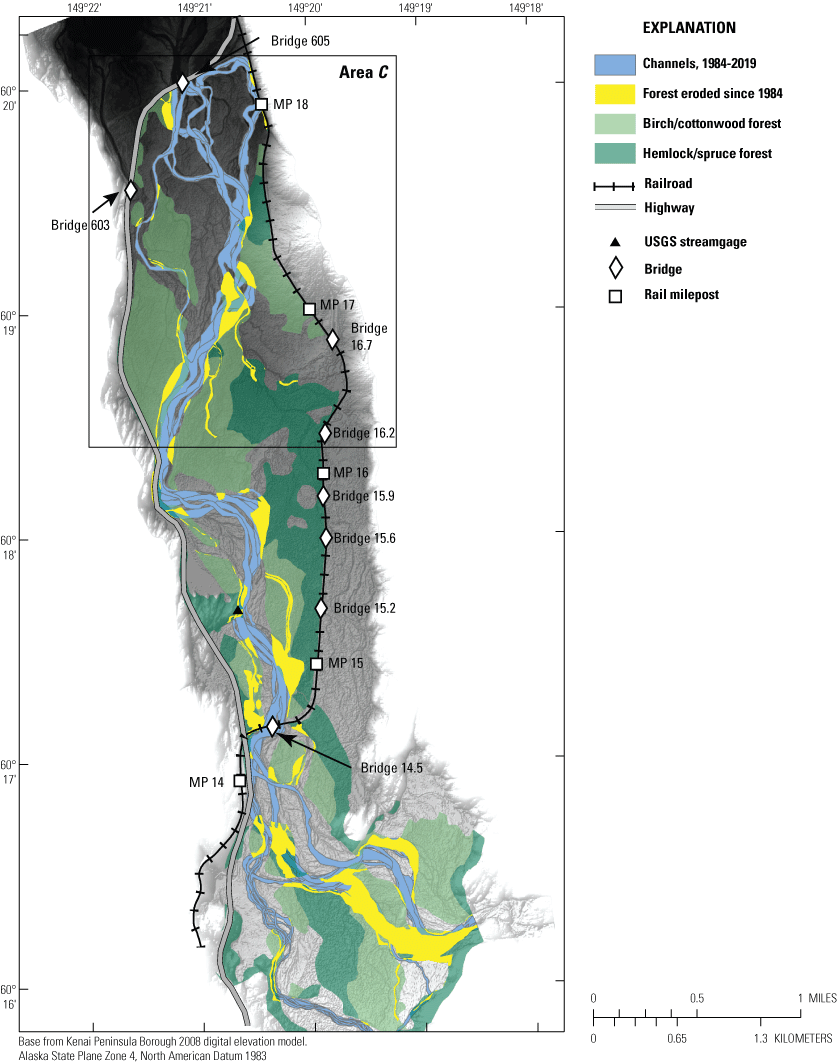 Map showing forested areas eroded since 1984 overlaid on forested areas as mapped
                           by the U.S. Forest Service, near Seward, Alaska.