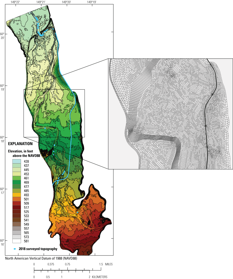 Map showing full computational mesh of the study area and detail of variable size
                        mesh elements in box, near Seward, Alaska.