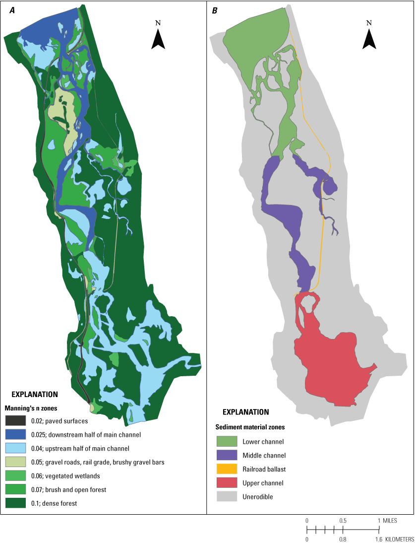 Maps showing materials coverage defining different Manning’s n zones and sediment
                        materials coverage defining different gradations, near Seward, Alaska.