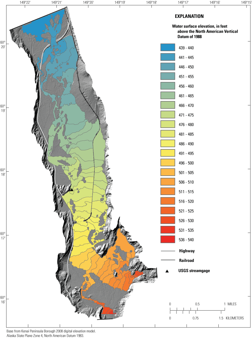 Maps showing SRH-2D simulation water-surface elevations and inundation extent for
                     flood flows of 18,900, 28,800, 43,600, and 60,000 feet per second, near Seward, Alaska.