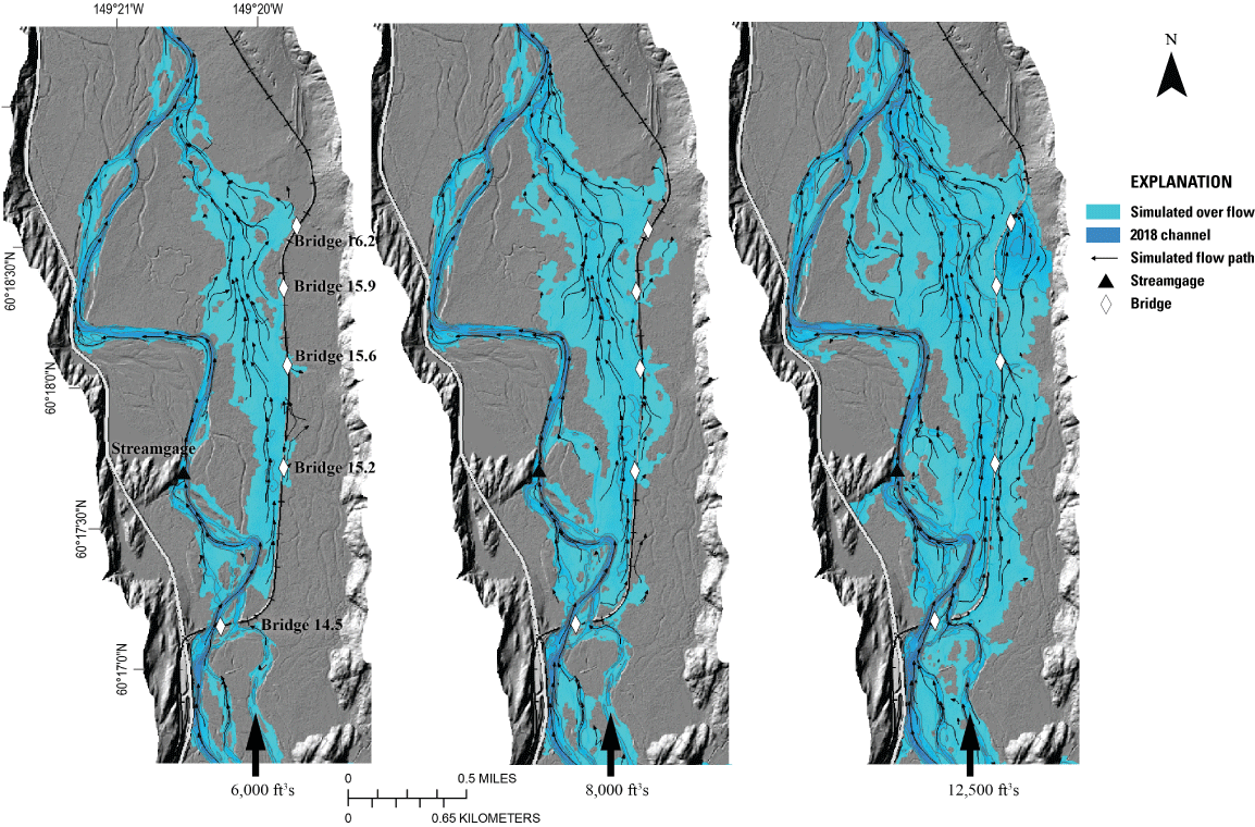 Maps showing simulated overflow from main channel toward rail embankment during the
                     rising limb of the outburst flood for flows of 6,000, 8,000, and 12,500 cubic feet
                     per second, near Seward, Alaska.