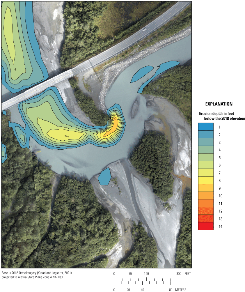 Map showing highway Bridge 605 scour hole at eastern guidebank formed in 2019 flood
                        simulation on 2018 aerial photograph, Snow River near Seward, Alaska.
