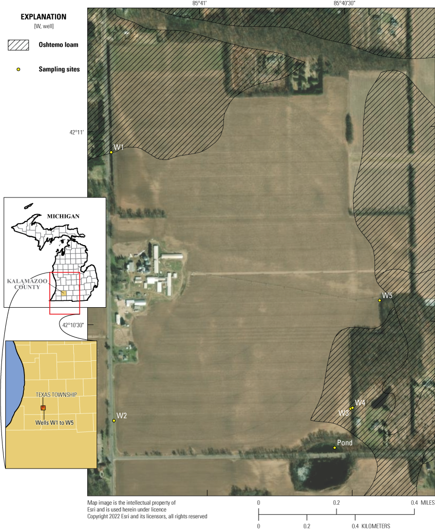 Figure 1.	Sampling sites, shown by yellow circles, in the groundwater study area in
                           Kalamazoo County, Michigan.