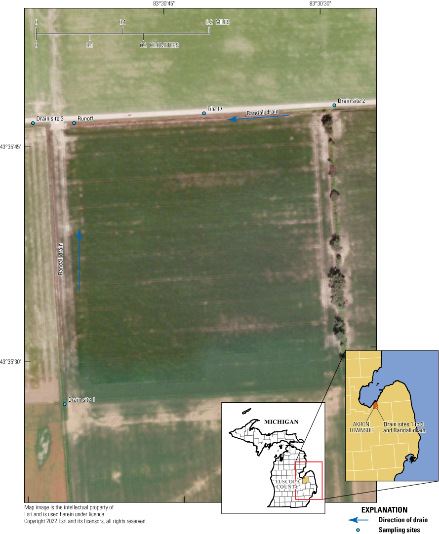 Figure 3.	Sampling sites (blue circles) and direction of drain (blue arrow) in the
                           surface-water study area, in Tuscola County, Michigan.